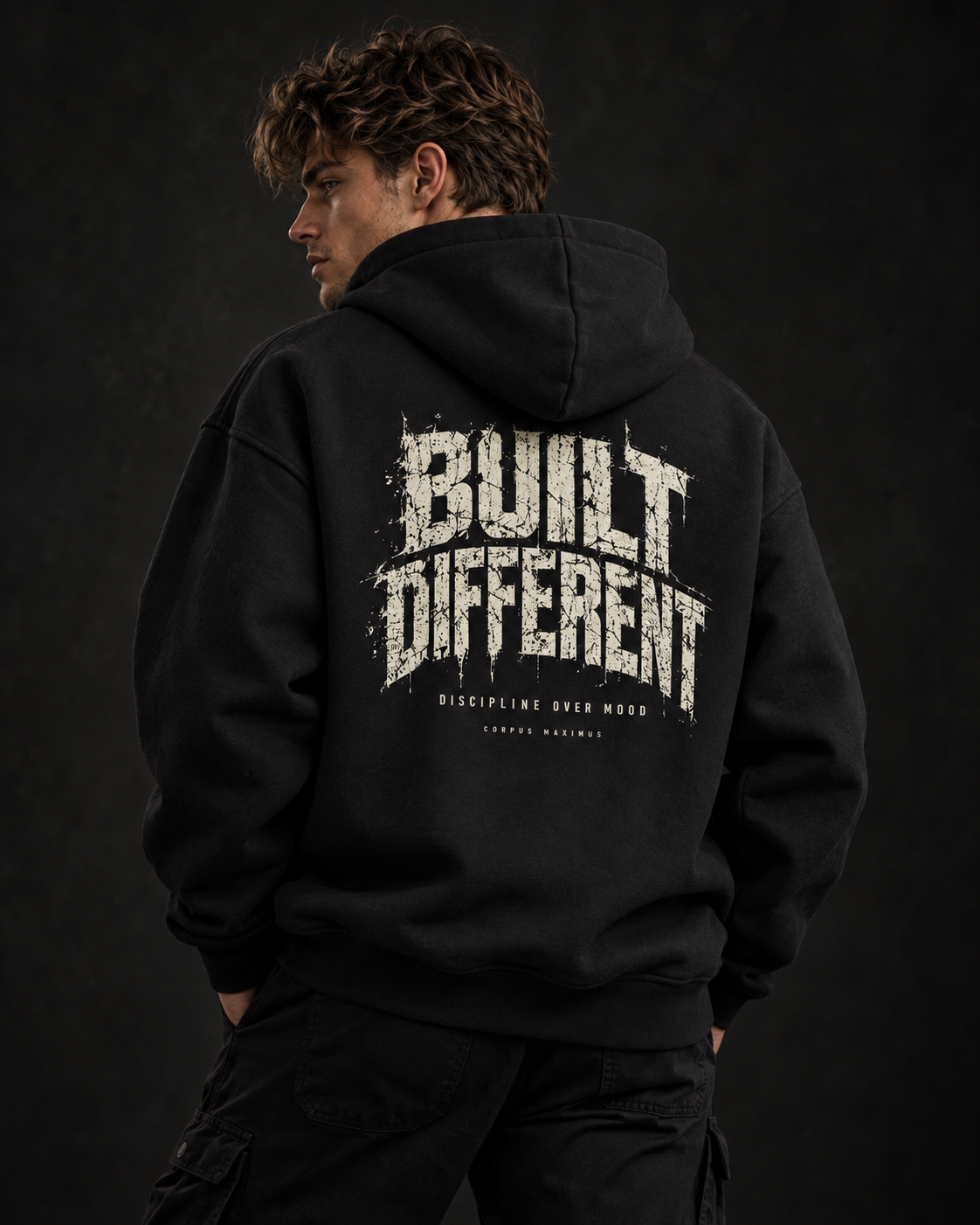 Built Different Oversized Hoodie Unisex mit Backprint – Bild 1 | Corpus Maximus
